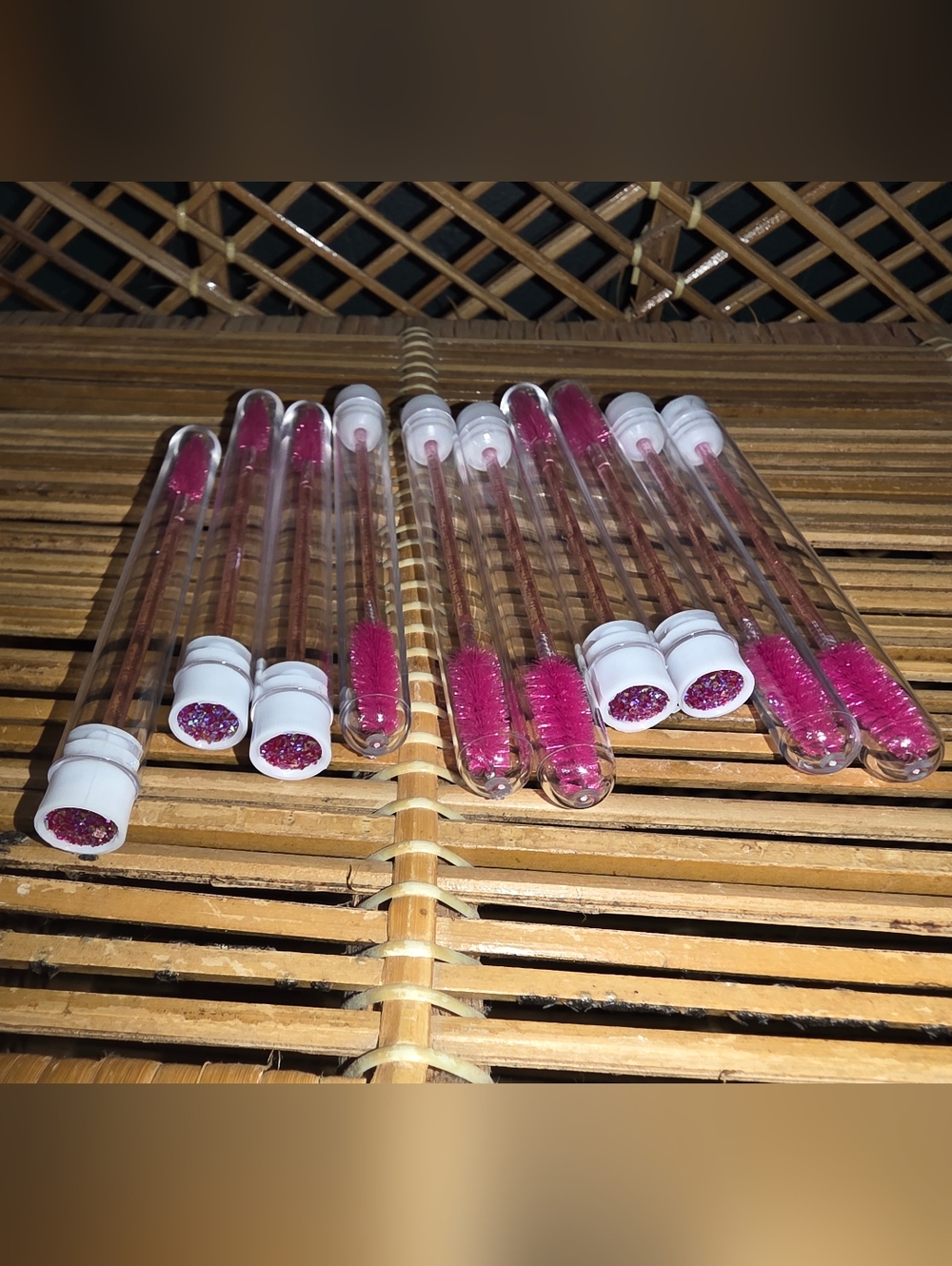 Set of Pink Glitter Eyelash/EyeBrow Brush Tubes-Rose pink Glitter Detail.